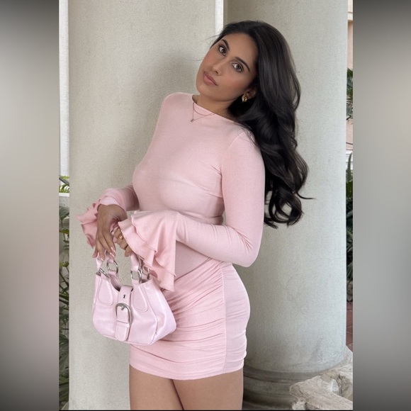 Ribbed Modal Long-Sleeve Draped Mini Dress in Blush Pink - Picture 8 of 8